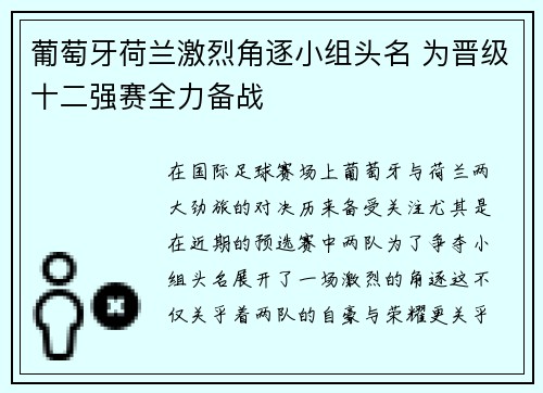 葡萄牙荷兰激烈角逐小组头名 为晋级十二强赛全力备战