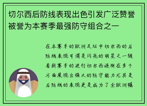 切尔西后防线表现出色引发广泛赞誉被誉为本赛季最强防守组合之一