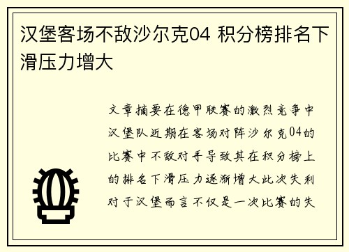 汉堡客场不敌沙尔克04 积分榜排名下滑压力增大