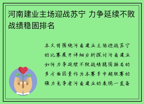 河南建业主场迎战苏宁 力争延续不败战绩稳固排名