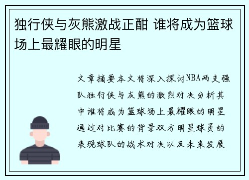 独行侠与灰熊激战正酣 谁将成为篮球场上最耀眼的明星