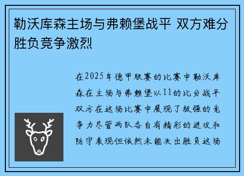 勒沃库森主场与弗赖堡战平 双方难分胜负竞争激烈